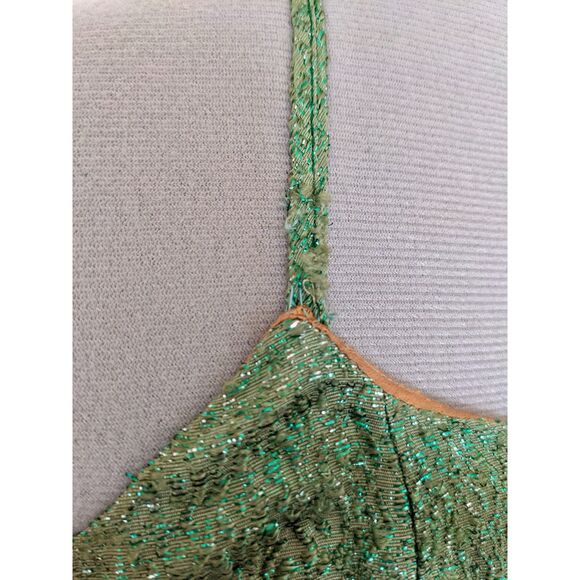 Vtg 60s Bombshell Green Brocade Lamé Halter Neck Cocktail Wiggle Dress, Sz 2 - Picture 12 of 14